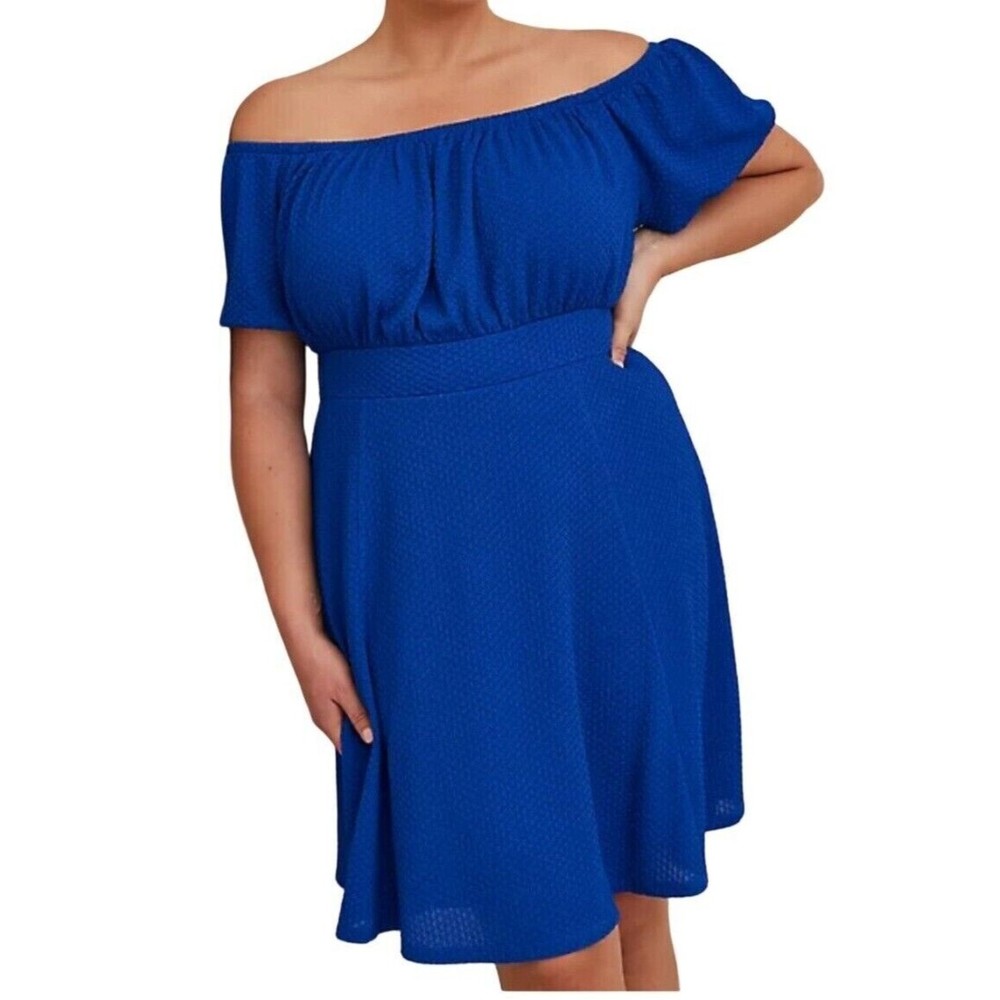 NWT TORRID 6 XL MINI TEXTURED KNIT PUFF SLEEVE SKATER DRESS Blue Off Shoulder 30